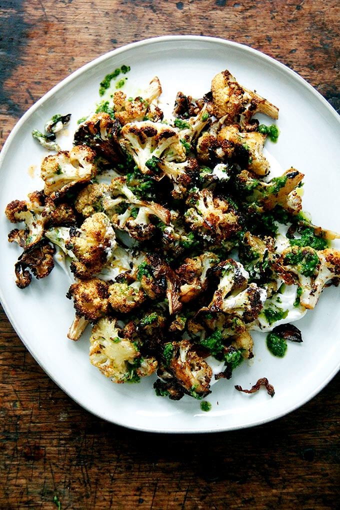Middle Eastern Whole Roasted Cauliflower: Skhug & Lemony Yogurt